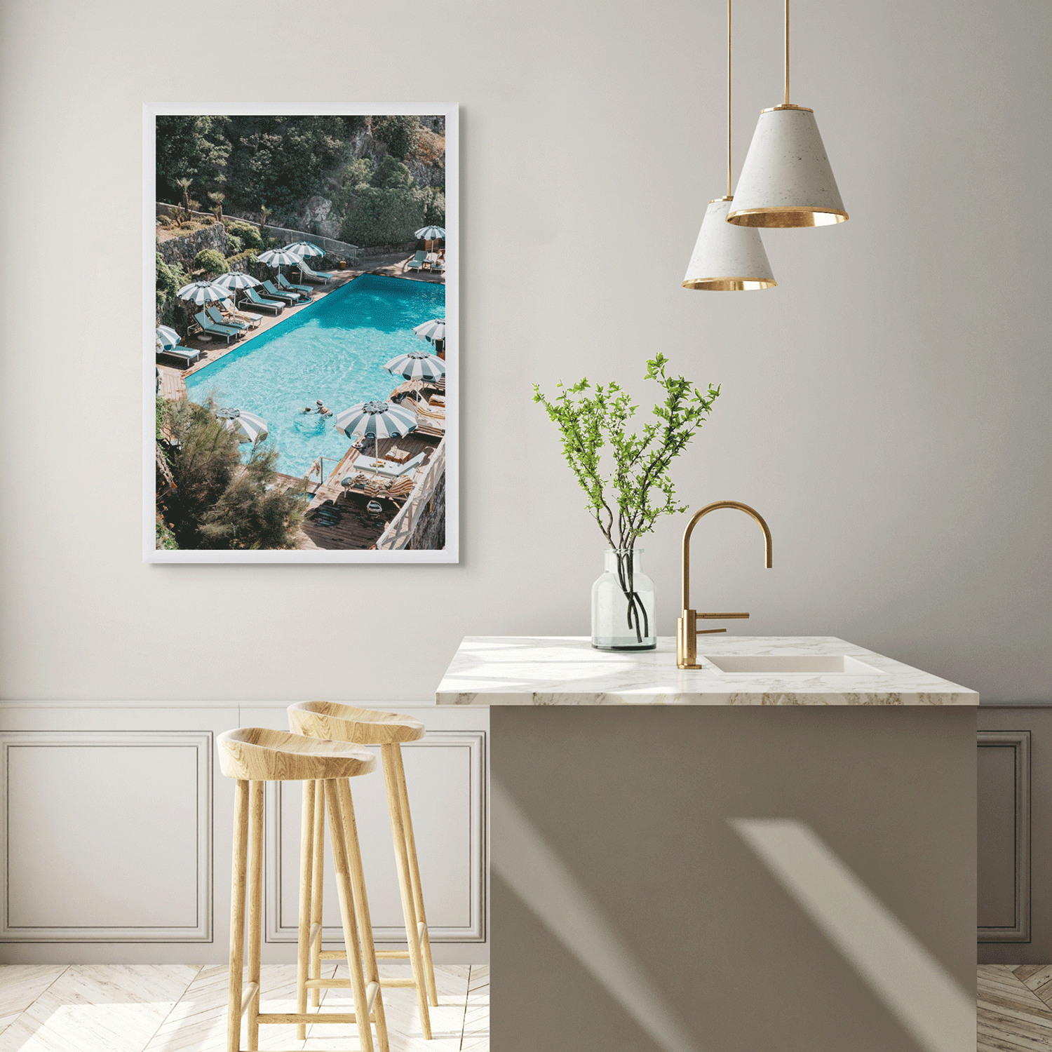 Poolside Paradise Italian Ischia Mediterranean wall art white framed print styled in a room
