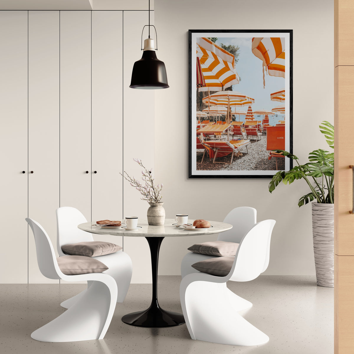 Aperol Summer Positano, orange striped parasols and loungers on a Positano pebble beach, framed print styled in a room view 3