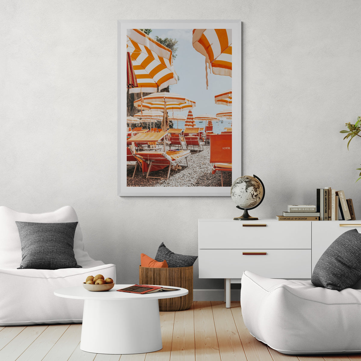 Aperol Summer Positano, orange striped parasols and loungers on a Positano pebble beach, framed print styled in a room view 4