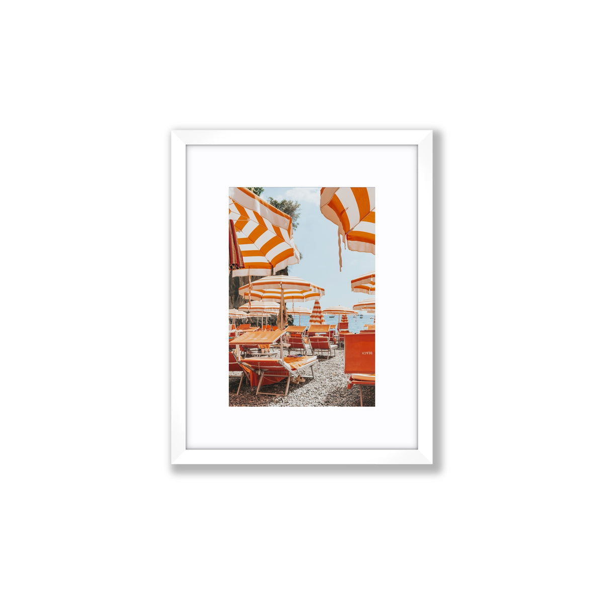 Aperol Summer Positano European beach club wall art small fine art print in white frame with matboard