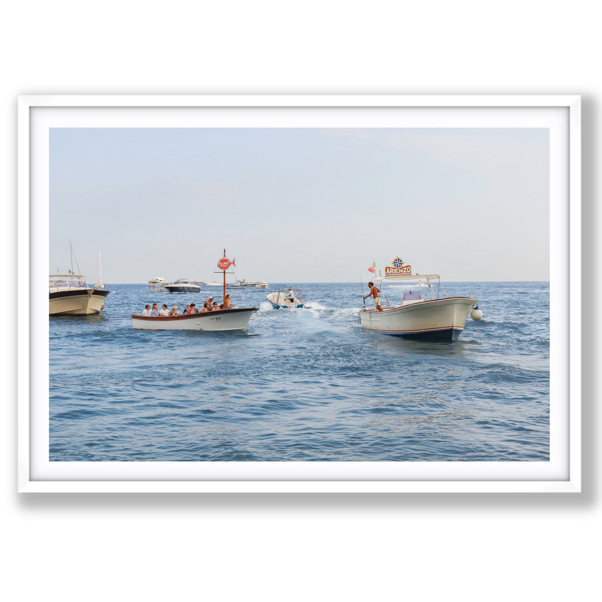 Summer Shuttle Positano, beach club tenders and passengers crossing blue water off Positano, main fine art print image