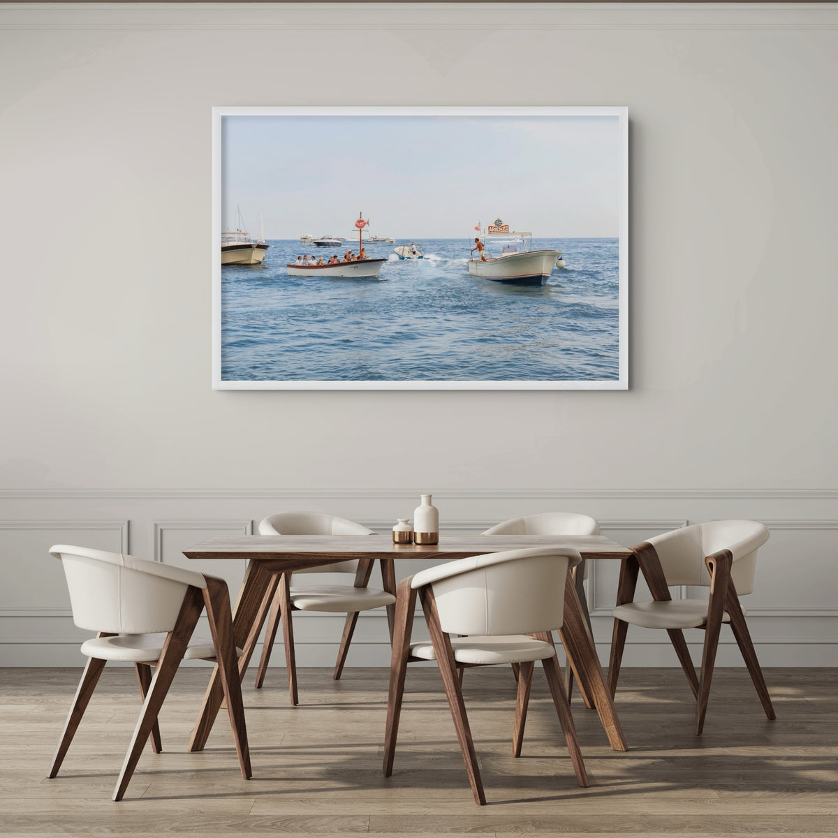 Summer Shuttle Positano boat wall art framed print styled in a room view 2
