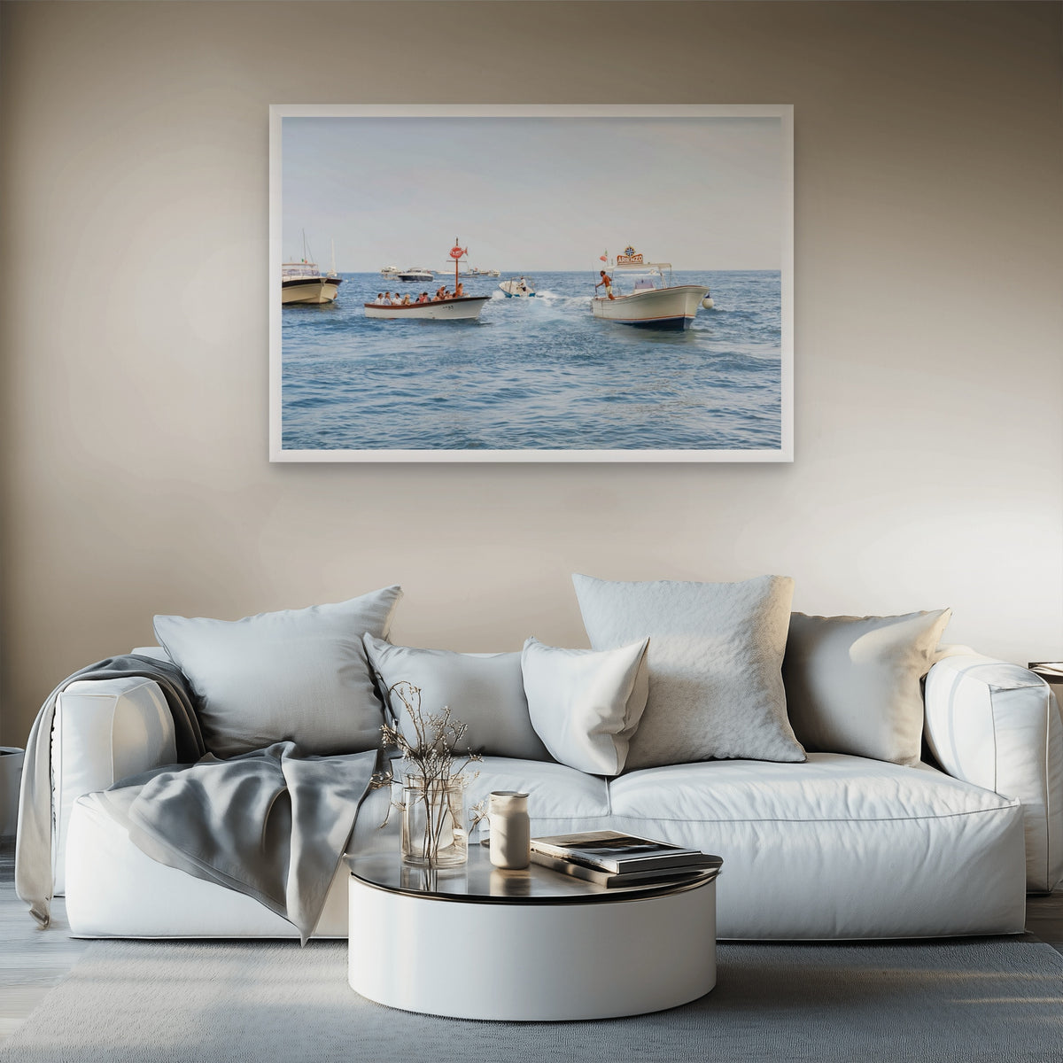 Summer Shuttle Positano boat wall art framed print styled in a room view 3