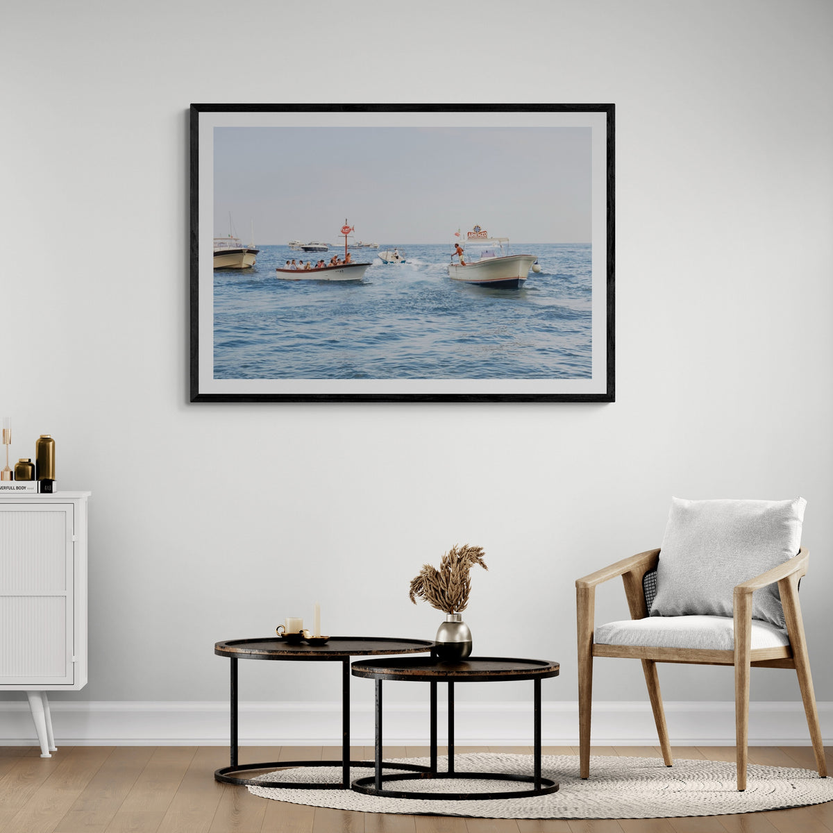 Summer Shuttle Positano boat wall art framed print styled in a room view 4