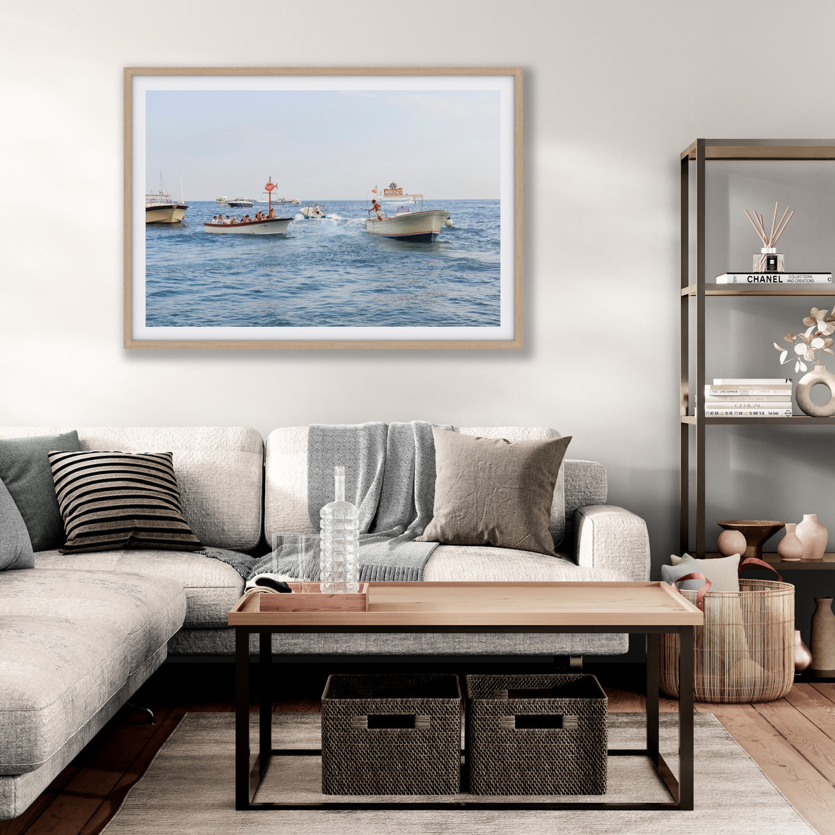 Summer Shuttle Positano boat wall art framed print styled in a room view 5