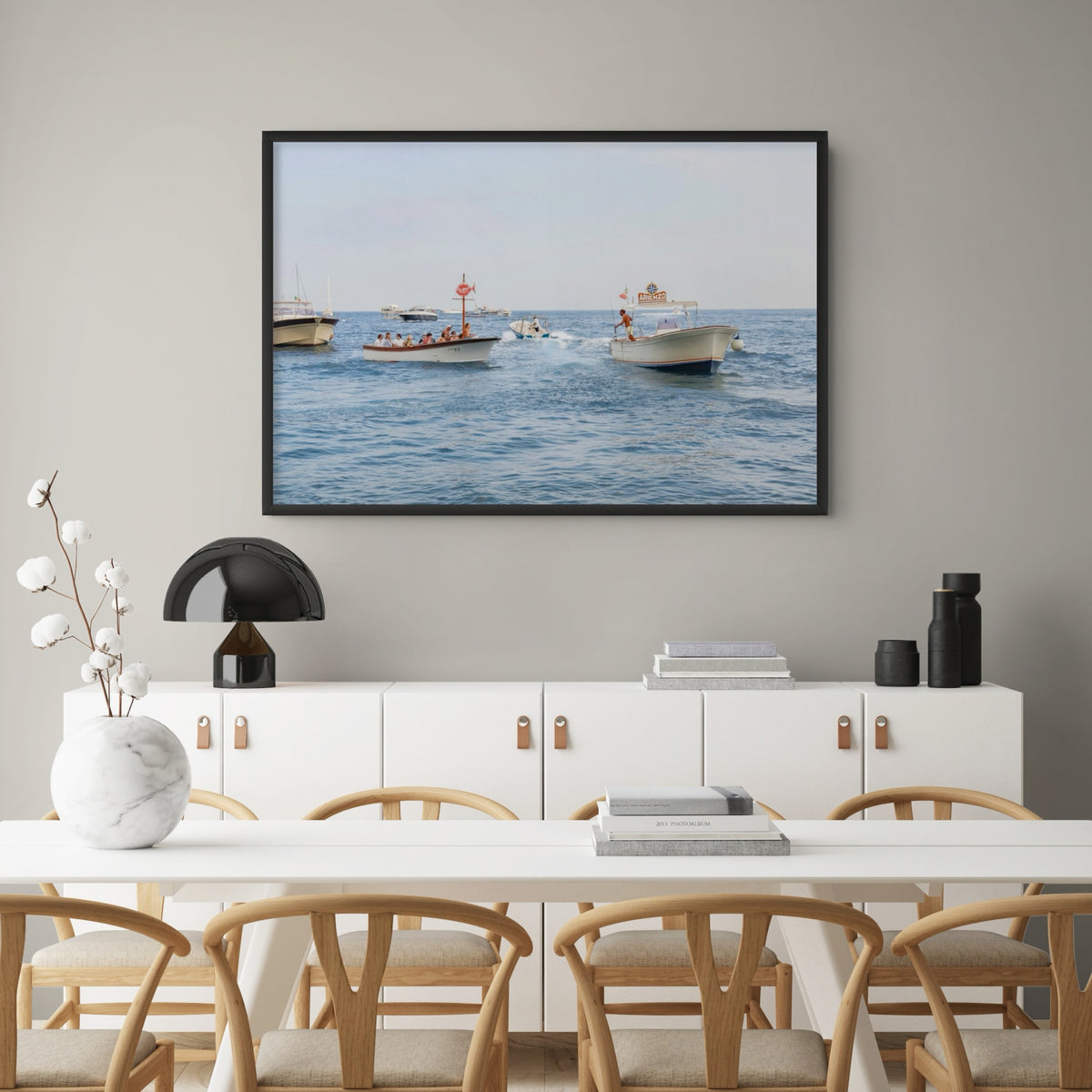 Summer Shuttle Positano boat wall art framed print styled in a room view 6