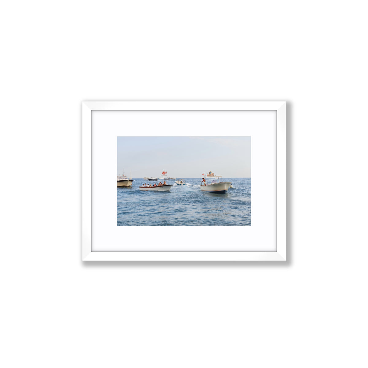 Summer Shuttle Positano boat wall art small fine art print in white frame with matboard