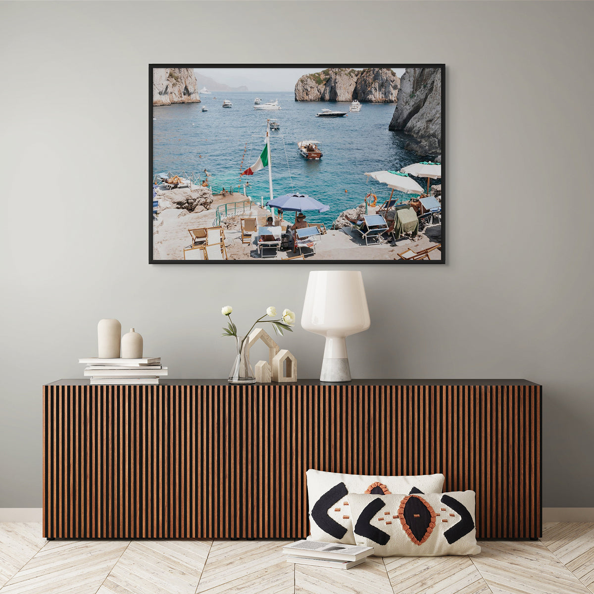 Smooth Sailing Capri Mediterranean wall art styled in a room