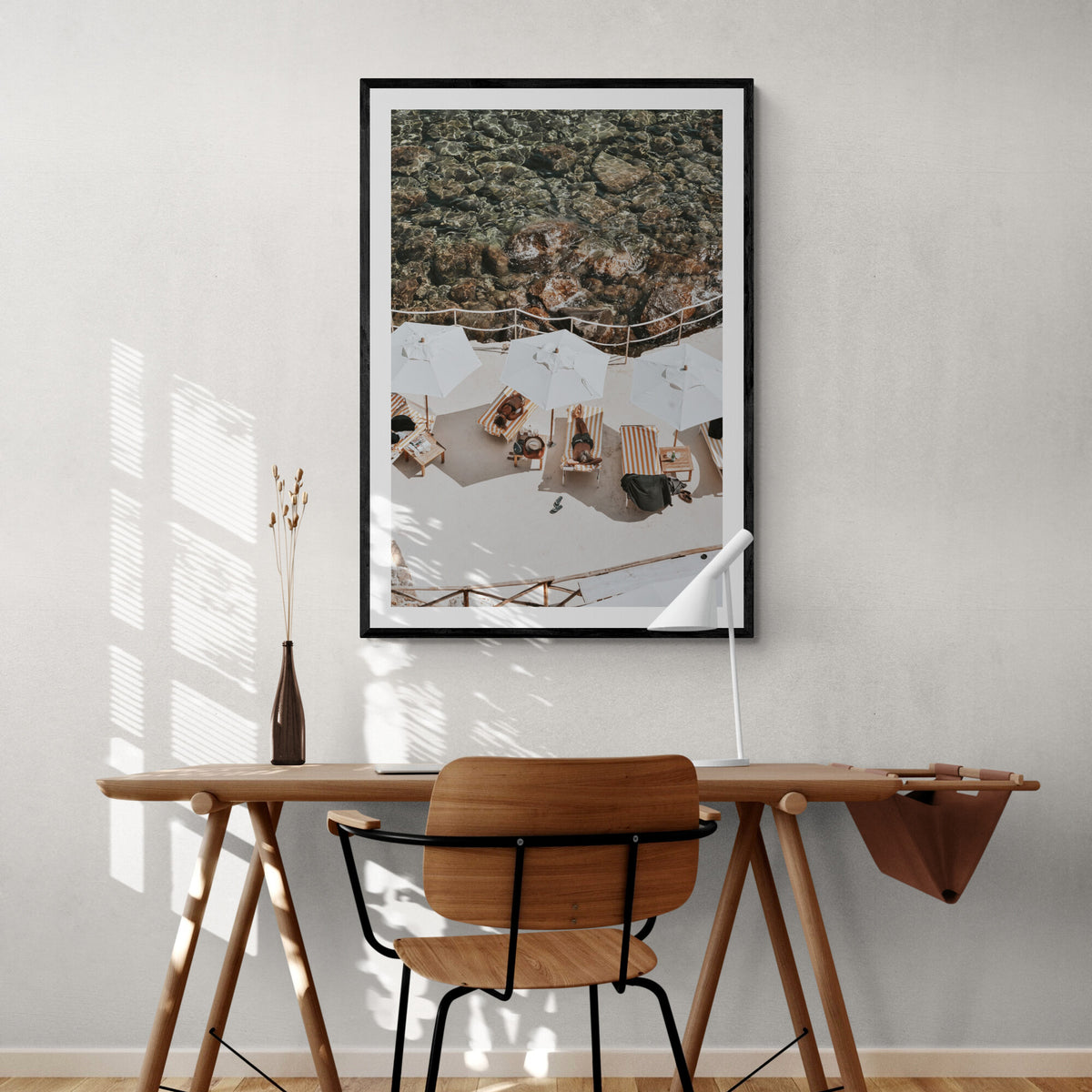 When Harry Met Sally Tuscany coastal wall art framed print styled in a home office
