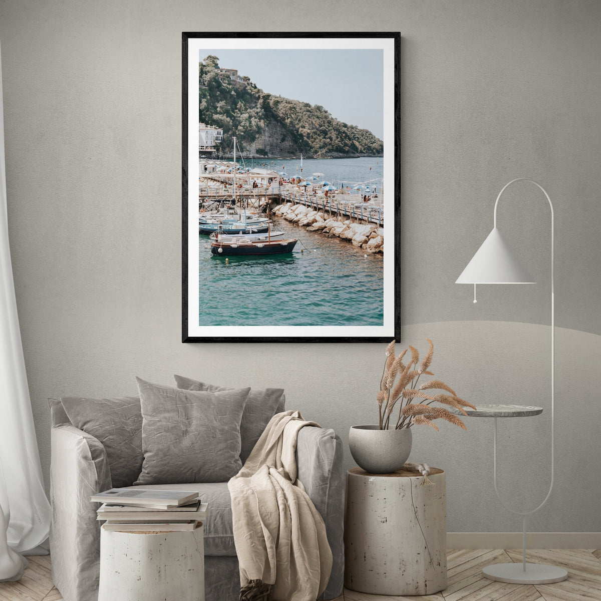 Sundeck Society Sorrento boat wall art framed print styled in a room view 3