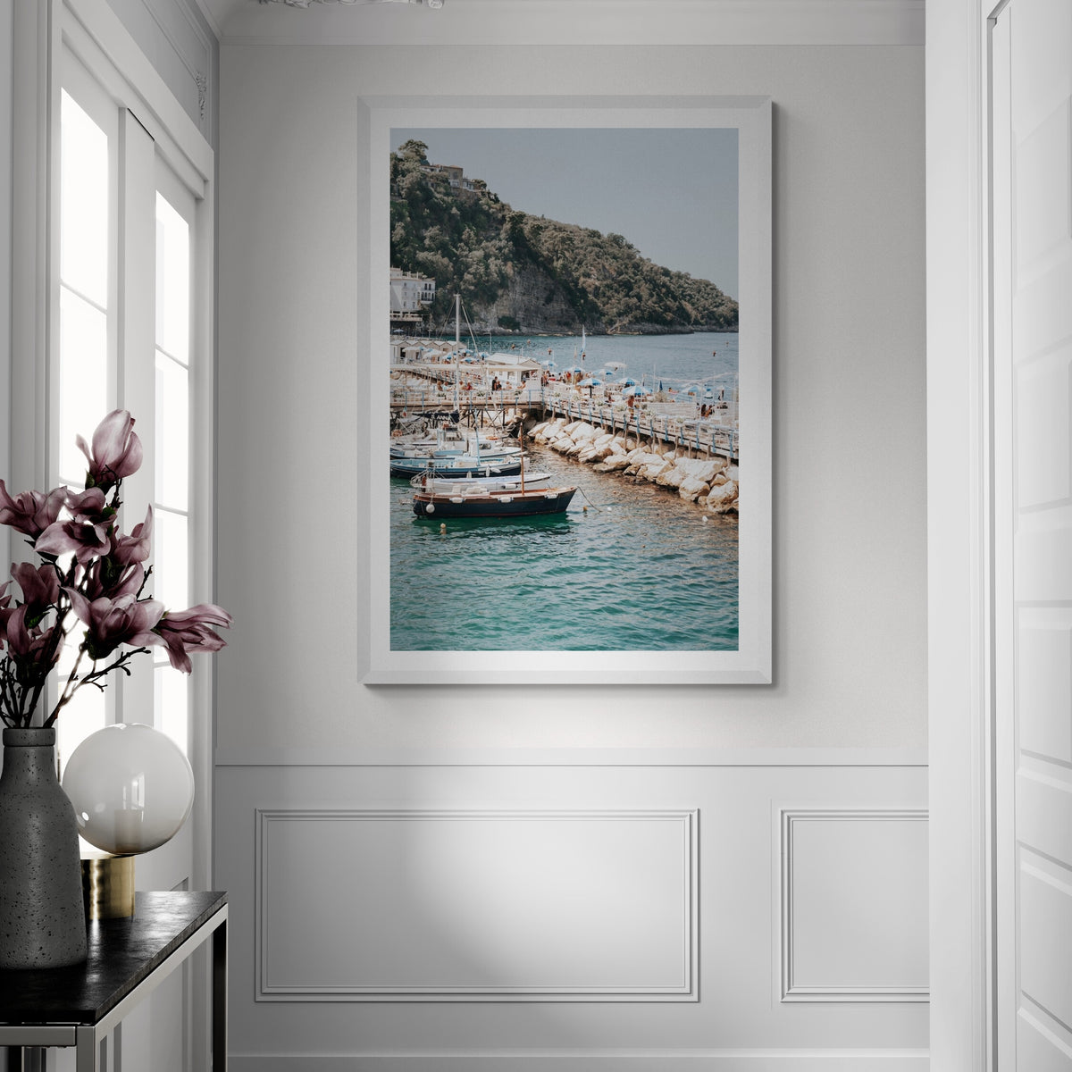Sundeck Society Sorrento boat wall art framed print styled in a room view 4