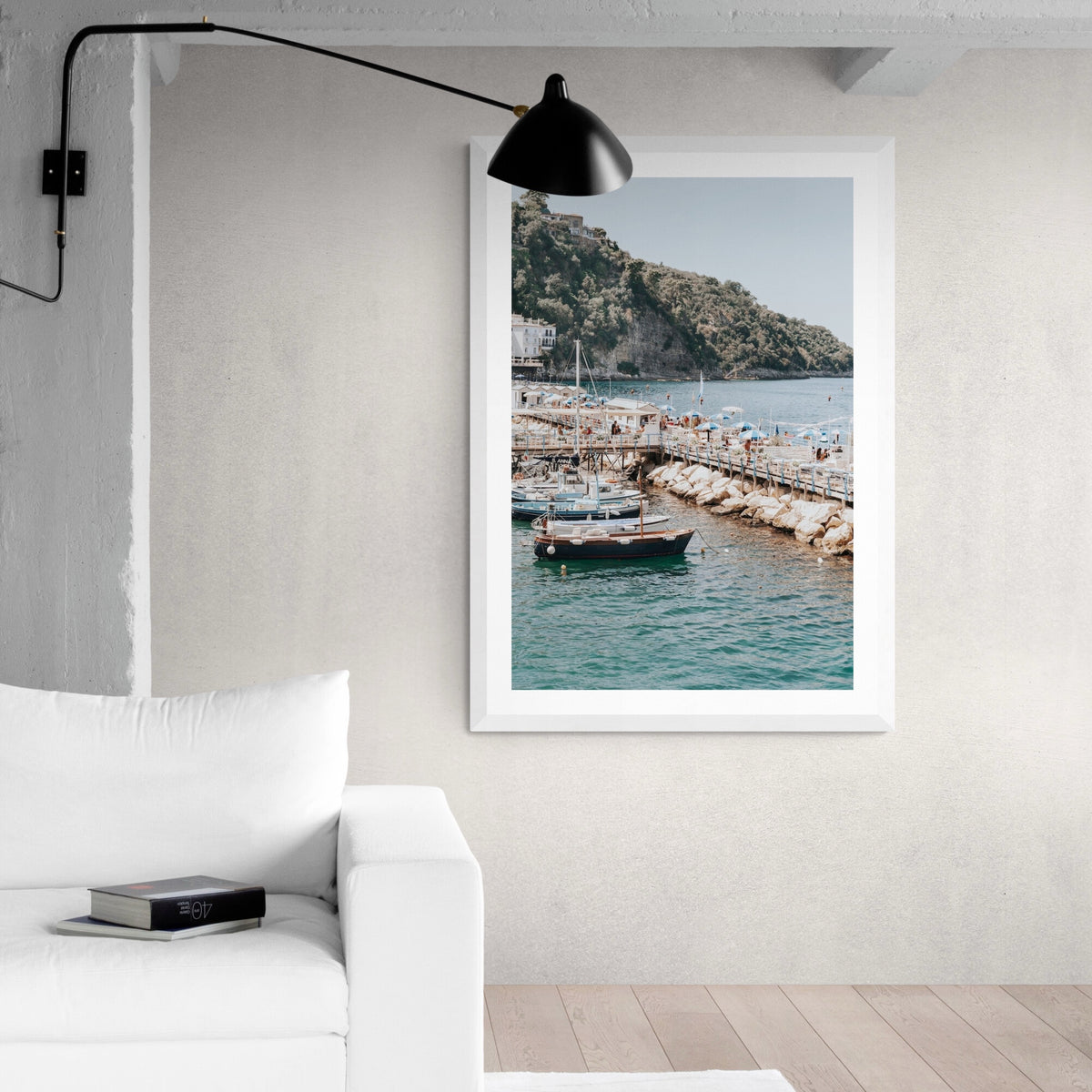 Sundeck Society Sorrento boat wall art framed print styled in a room view 5