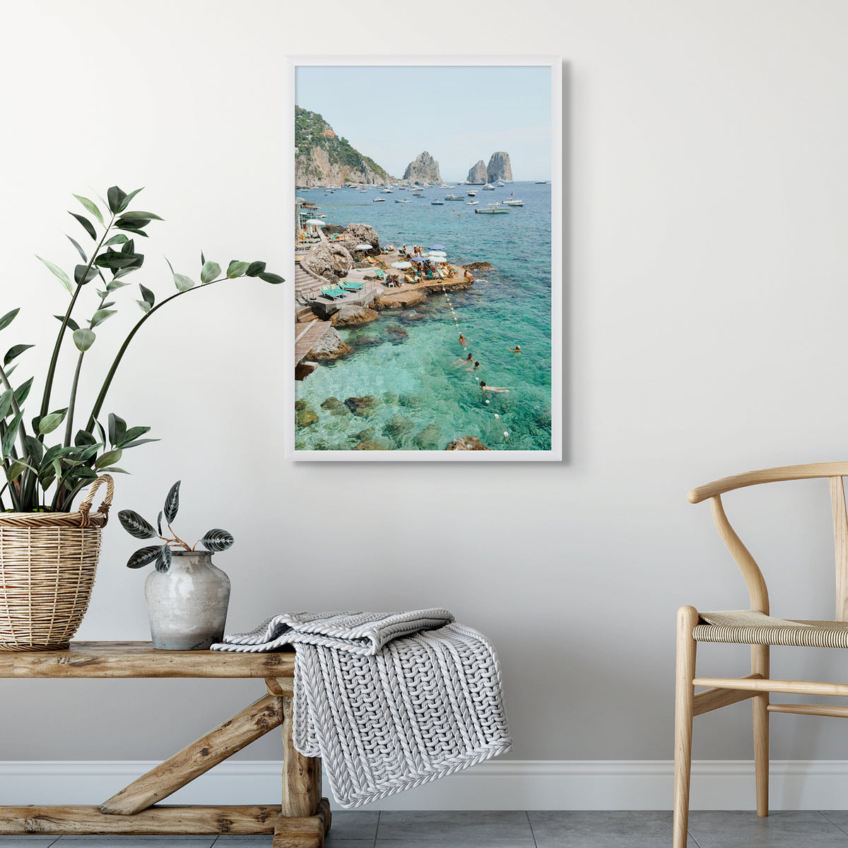 Summertime Blues Capri Mediterranean wall art white framed print styled in a room